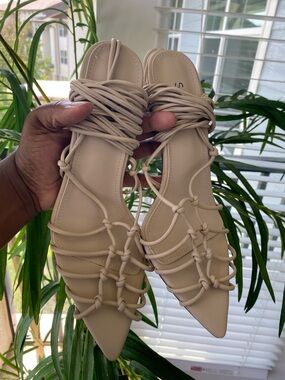 ASOS Size 10 Lace-Up Pointed-Toe Flat Sandals - Neutral Beige